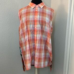 Johnny Was 3J Workshop Plaid Pattern Embroidered Collared Sleeveless Button Down